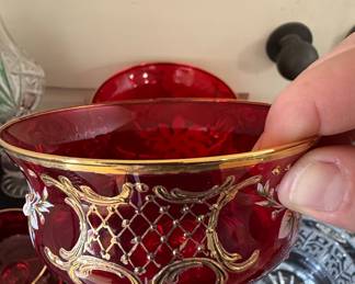 Antique Bohemian Ruby Red Glass Compote Set with Gilt and Enameled Floral Decoration