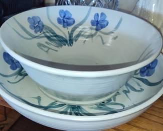 Hand-Painted Ceramic Bowl and Plate Set with Blue Floral Design