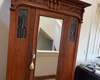 Antique Victorian Walnut Wardrobe Armoire with Mirror and Stained Glass Accents
