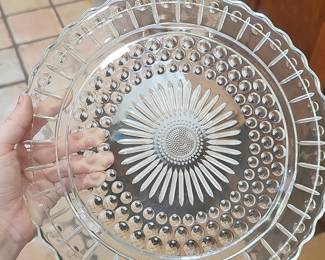 Glass Cake Stand with Sunburst and Hobnail Pattern