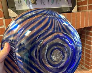 Blown Glass Blue and White Swirl Bowl