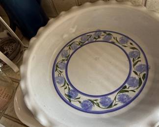 Handmade Ceramic Pie Plate with Blue Floral Motif by Earthworks Pottery