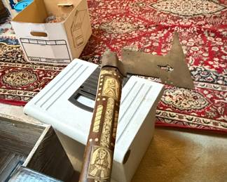 Carved Bone or Ivory Powder Horn with Figural Scenes and Attached Blade