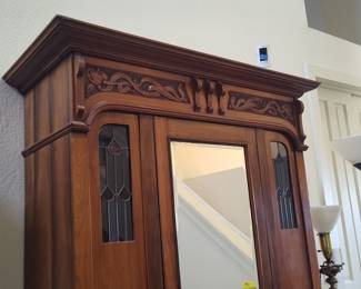 Antique Art Nouveau Wardrobe Armoire with Mirror and Stained Glass