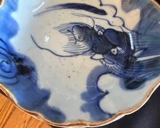 Antique Japanese Imari Blue and White Dragon Motif Scalloped Bowl