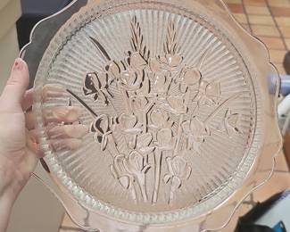 Jeannette Glass Iris and Herringbone Depression Glass Cake Platter