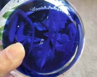 Daniel Salazar Glass Art Paperweight with Cranes and Blue Flowers