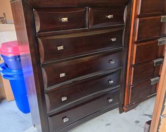 Dark Wood Tall Dresser with Silver Pulls