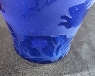 Frosted Cobalt Blue Glass Vase with Rabbit Motifs,  A&E Lourf 