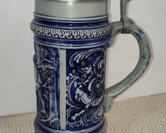 Gerz Cobalt Blue Relief Decorated German Beer Stein with Pewter Lid