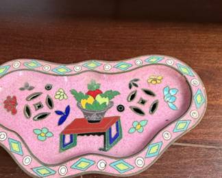 Antique Chinese Cloisonné Trinket Dish with Fruit Motif