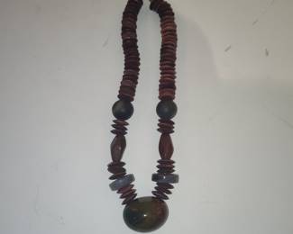 Bohemian Wood and Stone Beaded Necklace with Jasper Pendant
