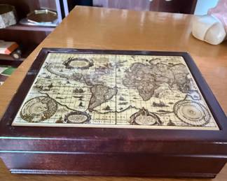 Vintage Wooden Box with World Map Inlay