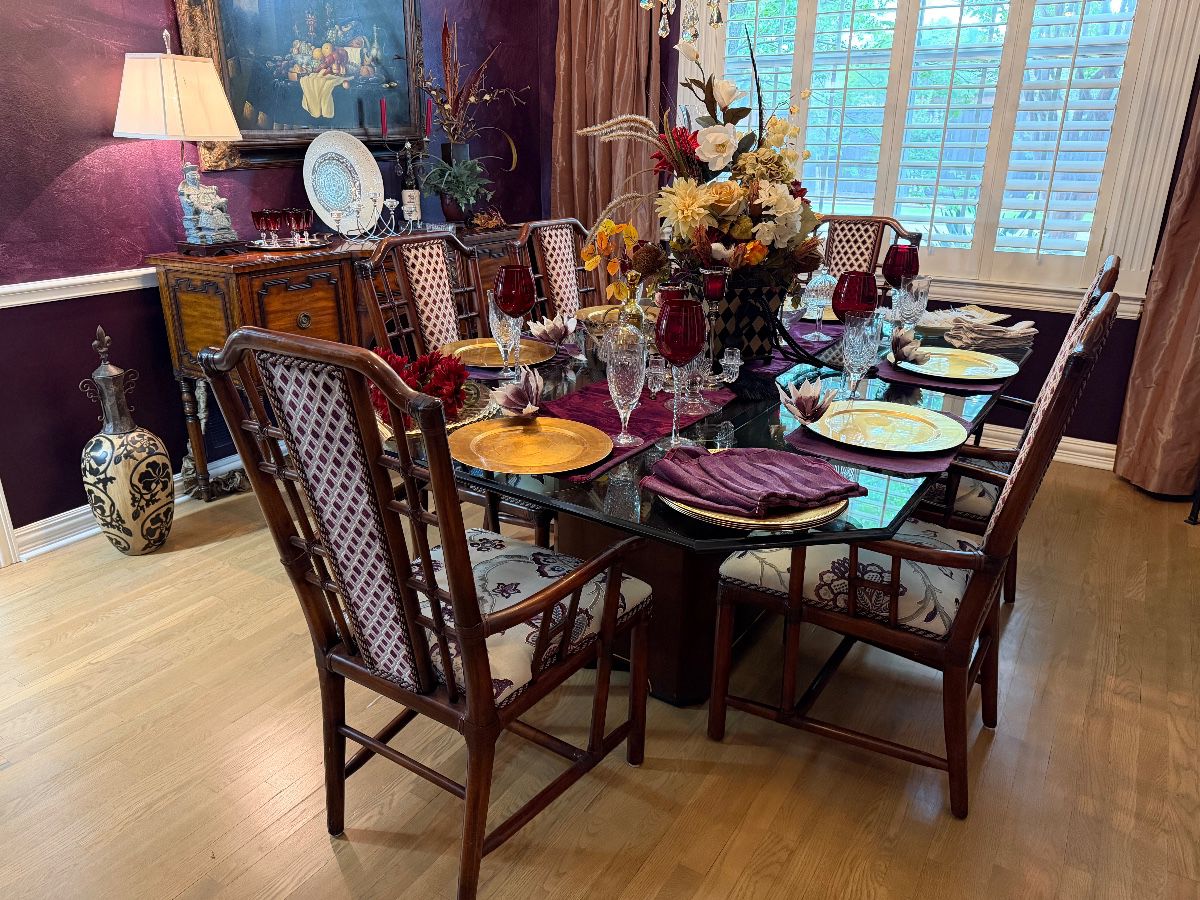 Beautiful Formal Dining, Upholstered High-Back Bamboo Chairs, Waterford Crystal