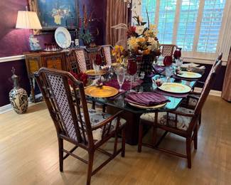 Beautiful Formal Dining, Upholstered High-Back Bamboo Chairs, Waterford Crystal