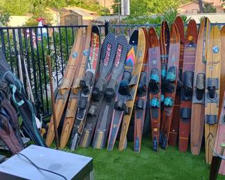 Vintage and newer water skis, snow skis, vintage ski poles 
