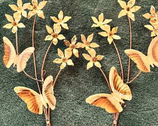 2 Vtg Wall Hanging Butterflies Flowers Brass Art Sculptures Home Interiors MCM