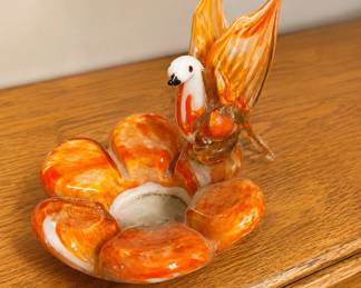 Vintage Orange Art Glass Bird Flower Candle Holder