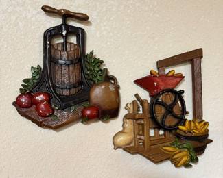 Vtg 1978 2 Pc HOMCO 3D Cast Metal Wall Hangings Corn Grinder & Apple Cider Press