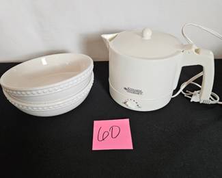 Lot #60 Electric Hot Pot and 2 White Bowls $8