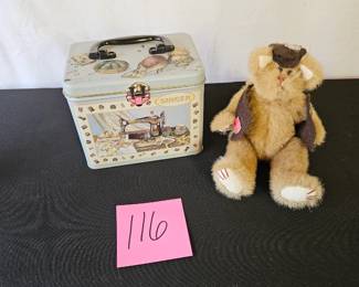 Item #116 Singer Tin and Stuffed Cat $14