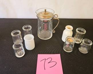 Item #73 Etched Creamer Pitcher and Glass Creamer Containers $25