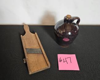 Item #47 Antique Style Veggie/Kraut Slicer and Small Stoneware Jug $25