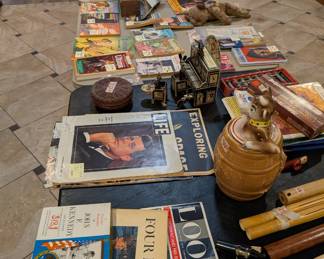 Kennedy collectibles, Elsie the Cow cookie jar, etc