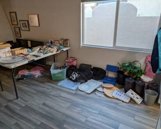 trash cans, backpack, stadium seat, lazy Susans, silk plant, large serving platters