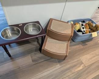 dog toys, stairs, and elevated bowls