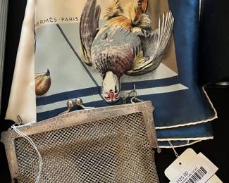 German Silver Chainmail Purse, Hermes Silk Scarf