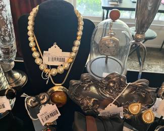 Sterling William B Kerr Tray, Vyg Sterling Earrings, Christian Dior Pearl Necklace 