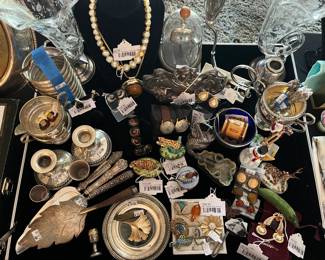 Sterling William B Kerr Tray, Vyg Sterling Earrings, Christian Dior Pearl Necklace