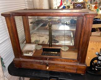 Antique Scale In Wooden Glass Case W/ Extra Weights & Accessories