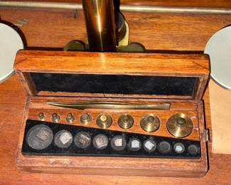 Antique Scale In Wooden Glass Case W/ Extra Weights & Accessories
