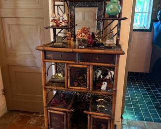 Antique English Victorian Bamboo & Lacquer Cabinet