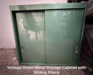 Vintage Green Metal Storage Cabinet with Sliding Doors