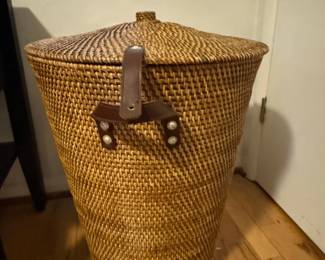 Vintage Woven Rattan Hamper with Lid and Leather Accents