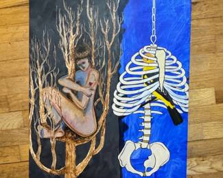 Surrealist Mixed Media Painting with Figure, Tree, and Ribcage