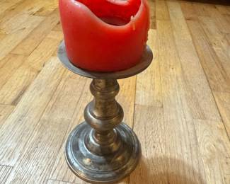 Vintage Pewter Candlestick with Red Candle