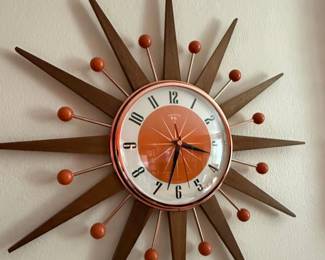 MidCentury Teak Starburst Clock with Copper Accents