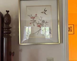 Framed Silk Embroidery of Bird and Blossoms