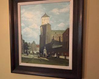 Oil Painting of European Town Square and Roses Still Life