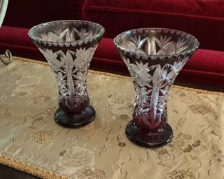 Ruby Overlay Cut Crystal Vases