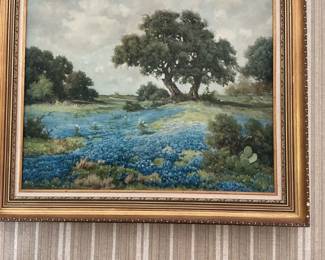 Texas Bluebonnet and Oak Tree Landscape Painting by W. A. Slaughter