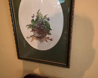 Framed Lithograph of a Bird and Violets