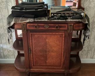 Antique Mahogany Veneer Side Cabinet with Mirror and Open Shelving