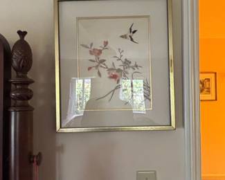 Framed Silk Embroidery of Bird and Blossoms