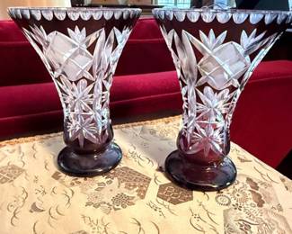 Ruby Red Cut to Clear Bohemian Crystal Vase Pair