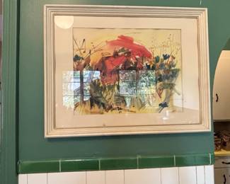 Framed Watercolor Landscape with Farmhouse and Flowers